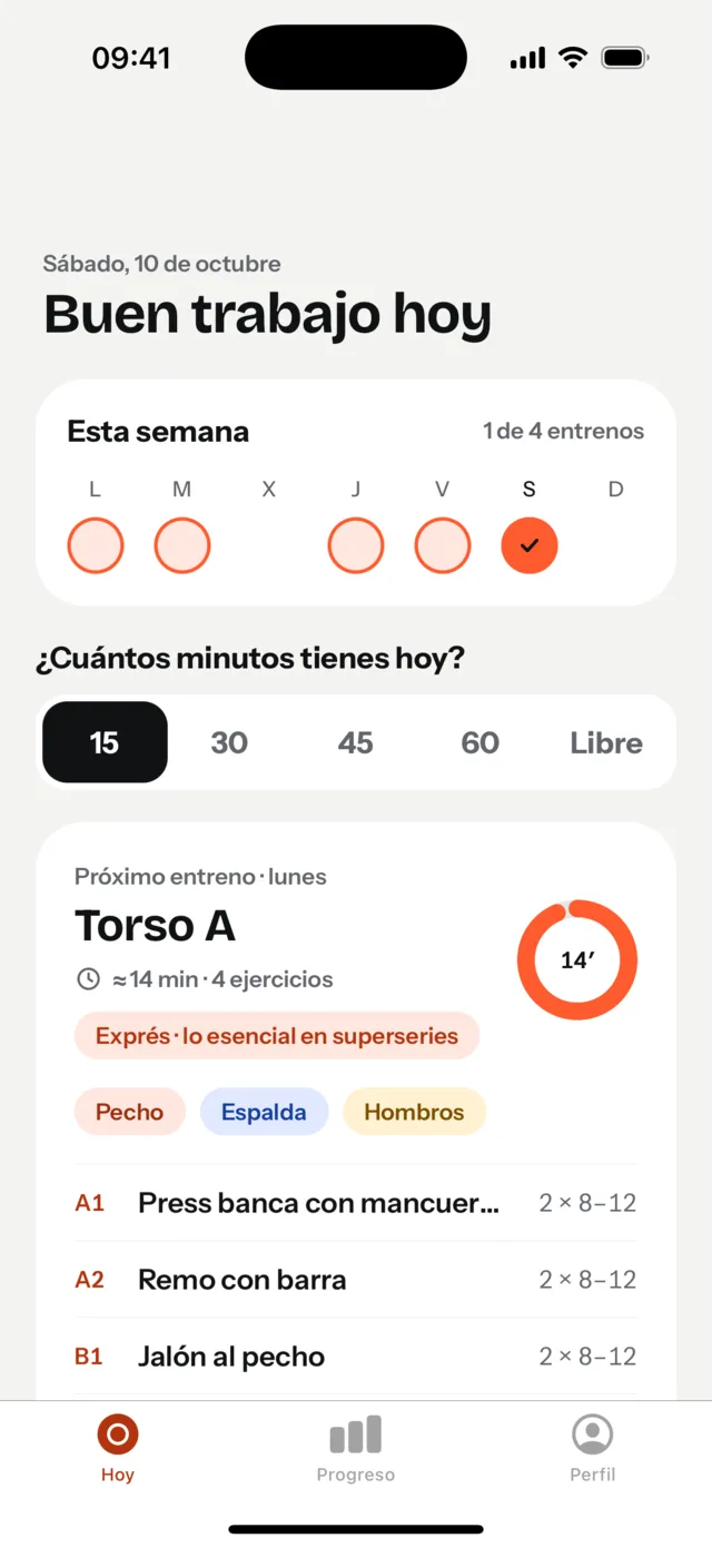 Pantalla Hoy de Lapso con 15 minutos: modo exprés con 4 ejercicios en superseries en unos 14 minutos