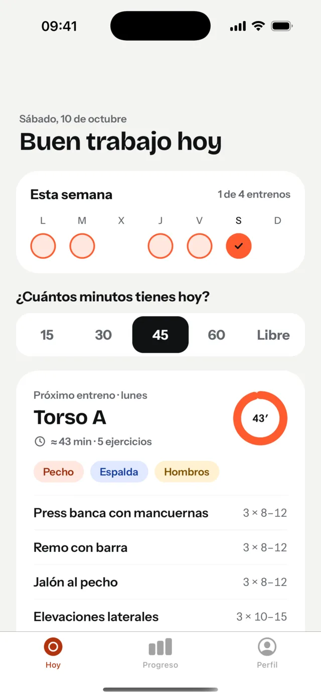 Pantalla Hoy de Lapso con 45 minutos: Torso A, 5 ejercicios en unos 43 minutos